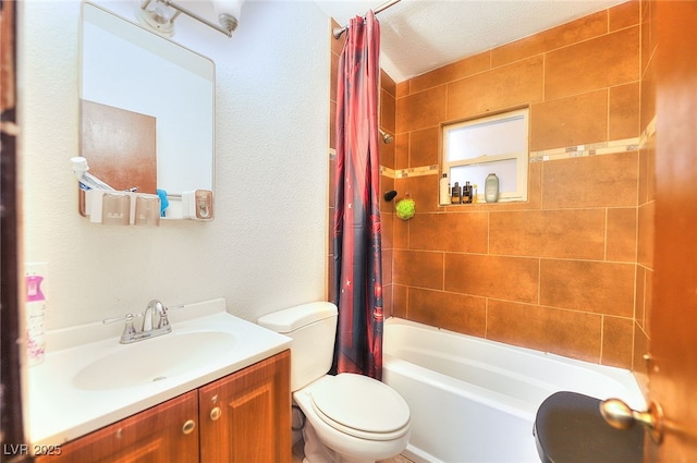 304 N Minnesota St, Las Vegas, NV 89107 - bathroom featuring shower / bath combination with curtain, vanity, a textured ceiling, and a textured wall