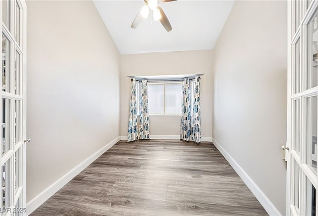 9405 Crosspointe Ave, Las Vegas, NV 89117 - empty room with a ceiling fan, wood finished floors, and lofted ceiling