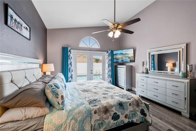 9405 Crosspointe Ave, Las Vegas, NV 89117 - bedroom with french doors, access to exterior, wood finished floors, a ceiling fan, and high vaulted ceiling