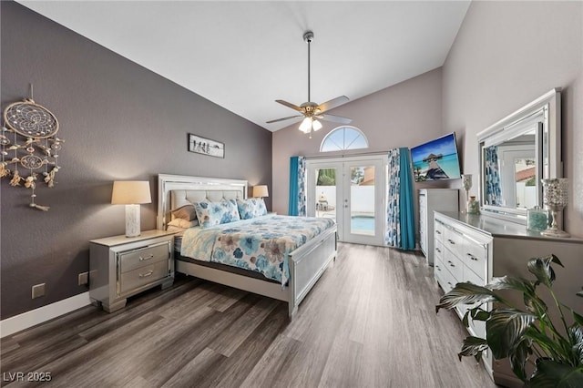 9405 Crosspointe Ave, Las Vegas, NV 89117 - bedroom with access to outside, french doors, wood finished floors, high vaulted ceiling, and ceiling fan