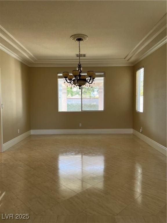 11004 Mount Royal Ave, Las Vegas, NV 89144 - spare room featuring a chandelier, ornamental molding, and light tile patterned flooring