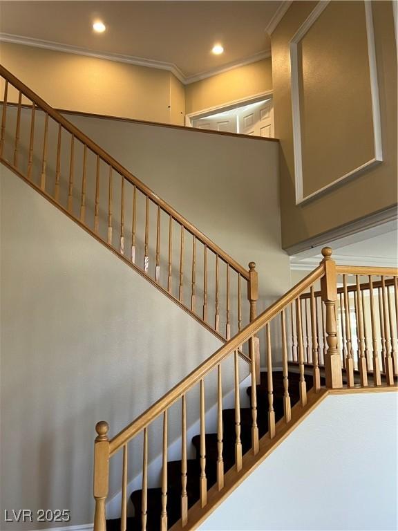 11004 Mount Royal Ave, Las Vegas, NV 89144 - stairs featuring ornamental molding and recessed lighting