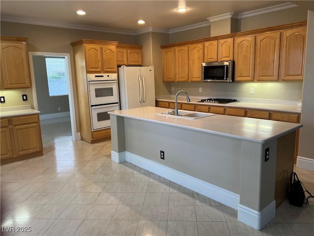 11004 Mount Royal Ave, Las Vegas, NV 89144 - kitchen with stainless steel appliances, light countertops, a kitchen island with sink, ornamental molding, and recessed lighting