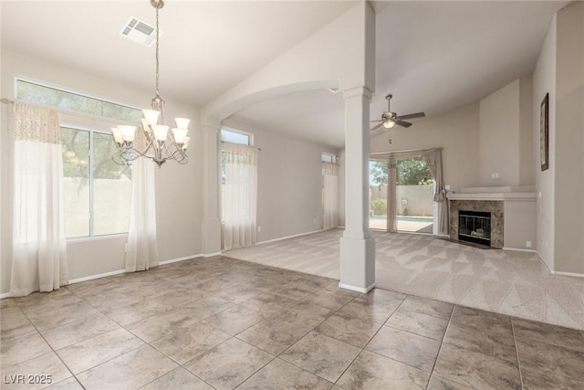 8266 Lincoln Valley St, Las Vegas, NV 89123 - unfurnished living room with lofted ceiling, a chandelier, ceiling fan, a fireplace, and carpet flooring