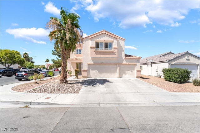 4062 W El Campo Grande Ave, North Las Vegas, NV 89031 - mediterranean / spanish-style house with a garage, concrete driveway, stucco siding, and a tiled roof