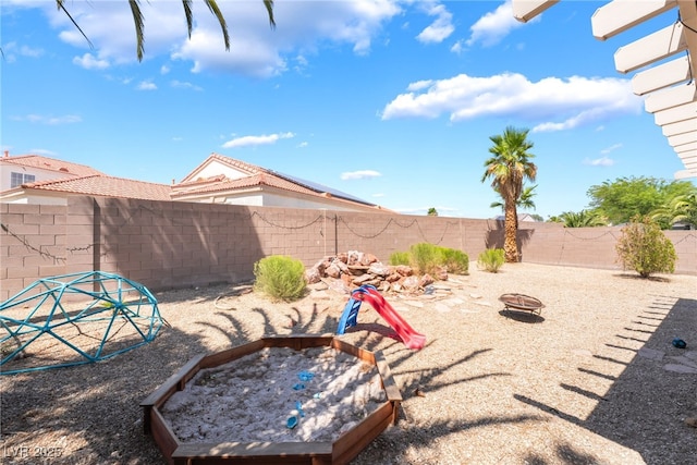 4062 W El Campo Grande Ave, North Las Vegas, NV 89031 - fenced backyard with a fire pit