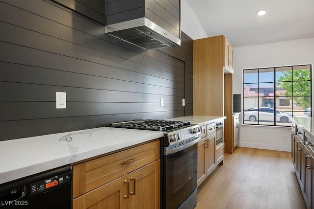 4319 Basil Leaf Ave, North Las Vegas, NV 89031 - kitchen featuring stainless steel gas range, dishwasher, light wood-type flooring, light stone countertops, and extractor fan