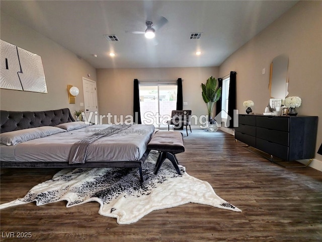 5104 Brookmere Dr, Las Vegas, NV 89130 - bedroom featuring dark wood-style flooring, ceiling fan, and recessed lighting