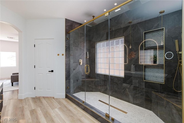 85 Alerion St, Las Vegas, NV 89138 - bathroom featuring a stall shower, wood finished floors, and recessed lighting