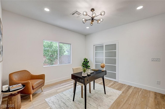 85 Alerion St, Las Vegas, NV 89138 - home office featuring a chandelier, light wood finished floors, and recessed lighting