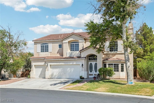 5434 Lost Ln, Las Vegas, NV 89118 - mediterranean / spanish-style home with a garage, stucco siding, driveway, a front yard, and a tile roof