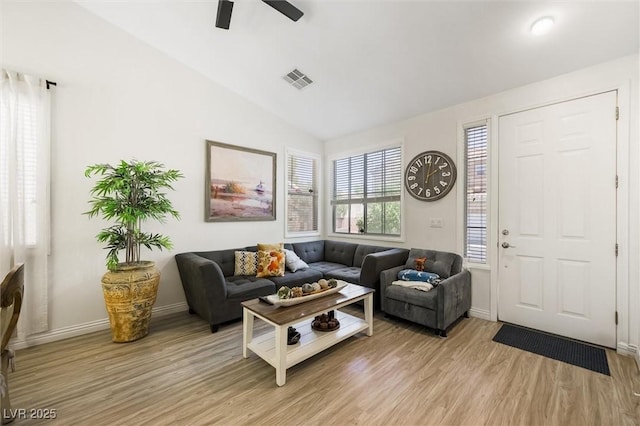 10372 Natural Springs Ave, Las Vegas, NV 89129 - living room featuring light wood-style floors, lofted ceiling, and a ceiling fan