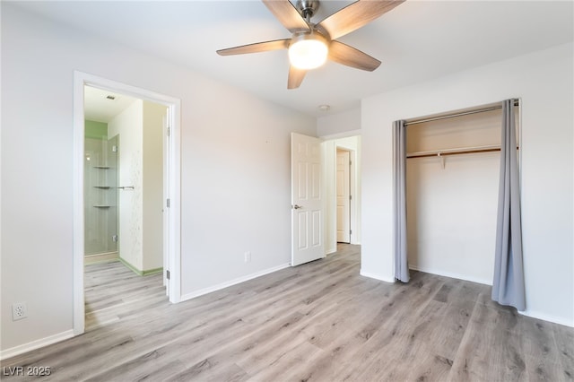 9578 Teton Vista Ave, Las Vegas, NV 89117 - unfurnished bedroom with light wood-type flooring, a closet, ceiling fan, and ensuite bathroom