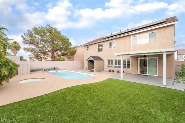 9578 Teton Vista Ave, Las Vegas, NV 89117 - view of swimming pool featuring a fenced backyard, a storage shed, a patio area, and a ceiling fan
