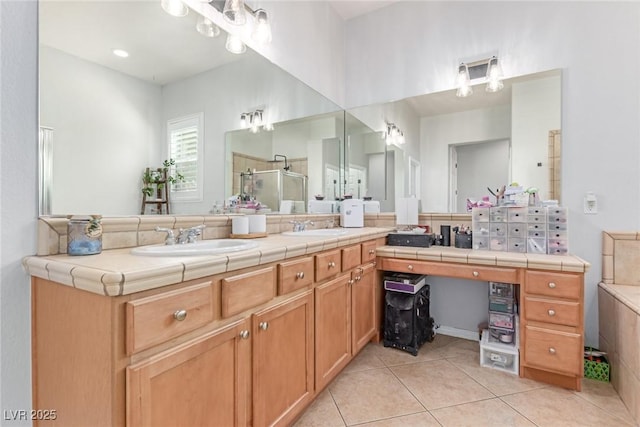 1521 Antler Creek St, North Las Vegas, NV 89084 - full bathroom with a shower stall, tile patterned flooring, and double vanity