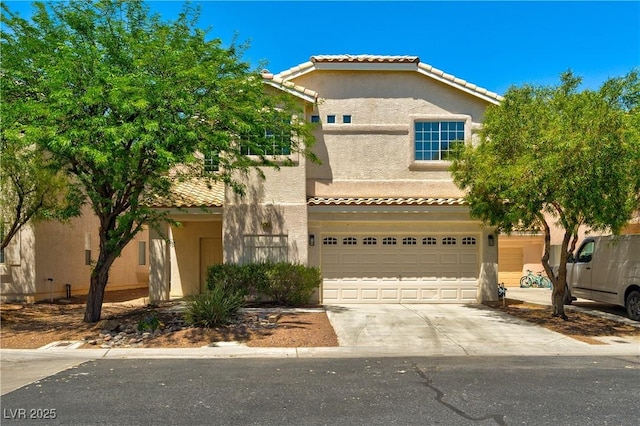 9349 Lakefront Color St, Las Vegas, NV 89178 - view of front of property with concrete driveway, a tile roof, a garage, and stucco siding