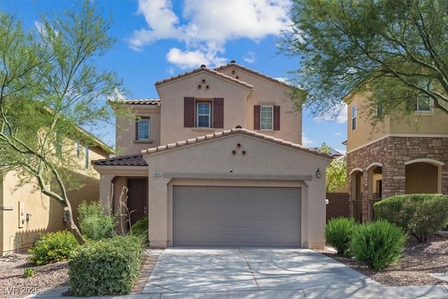 10645 Mount Jefferson Ave, Las Vegas, NV 89166 - mediterranean / spanish house with stucco siding, concrete driveway, a tile roof, an attached garage, and stone siding