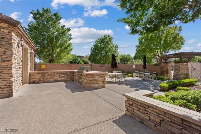10645 Mount Jefferson Ave, Las Vegas, NV 89166 - fenced backyard with area for grilling, a patio area, outdoor dining area, and a pergola