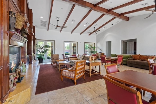10645 Mount Jefferson Ave, Las Vegas, NV 89166 - living room with beamed ceiling, ceiling fan, high vaulted ceiling, light tile patterned floors, and recessed lighting