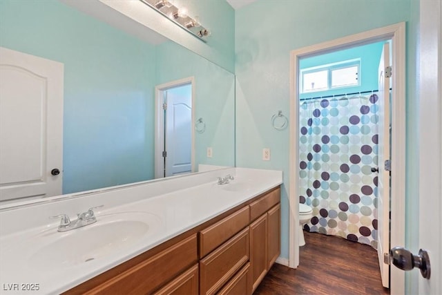 10645 Mount Jefferson Ave, Las Vegas, NV 89166 - full bath featuring double vanity, wood finished floors, and curtained shower