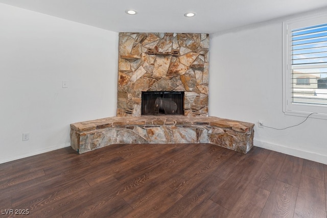 7221 Alta Dr, Las Vegas, NV 89145 - unfurnished living room with wood finished floors, a fireplace, and recessed lighting