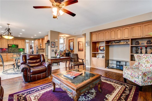 109 N Buteo Woods Ln, Las Vegas, NV 89144 - living area featuring a ceiling fan, wood finished floors, and recessed lighting