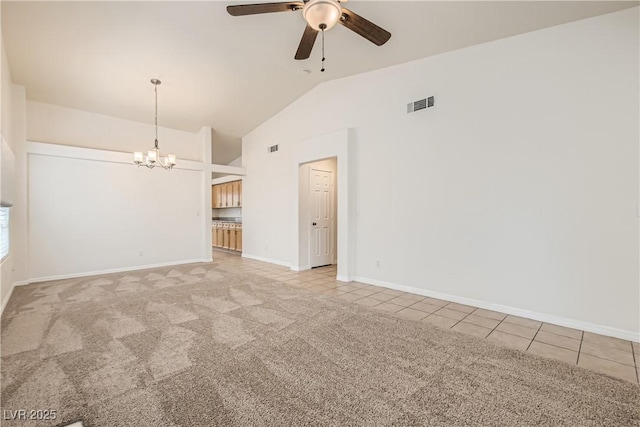 3308 Morning Wind Ln, Las Vegas, NV 89129 - unfurnished room with a chandelier, light colored carpet, ceiling fan, light tile patterned floors, and high vaulted ceiling