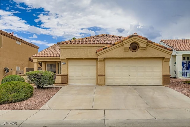 3308 Morning Wind Ln, Las Vegas, NV 89129 - mediterranean / spanish-style house featuring a garage, concrete driveway, stucco siding, and a tile roof