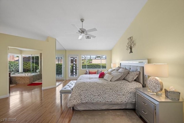2408 Sunset Beach Ln, Las Vegas, NV 89128 - bedroom with wood finished floors, access to exterior, vaulted ceiling, and ceiling fan