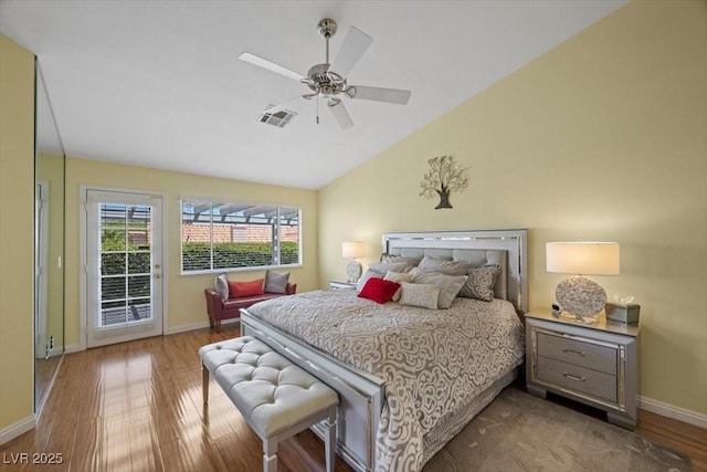 2408 Sunset Beach Ln, Las Vegas, NV 89128 - bedroom featuring access to outside, wood finished floors, vaulted ceiling, and ceiling fan