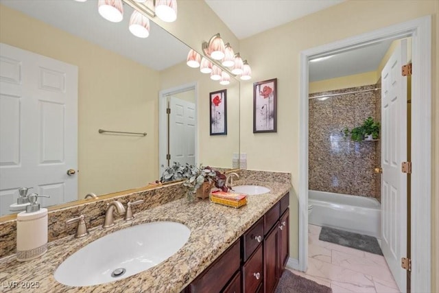 2408 Sunset Beach Ln, Las Vegas, NV 89128 - full bath with double vanity, marble look tile flooring, and shower / bath combination
