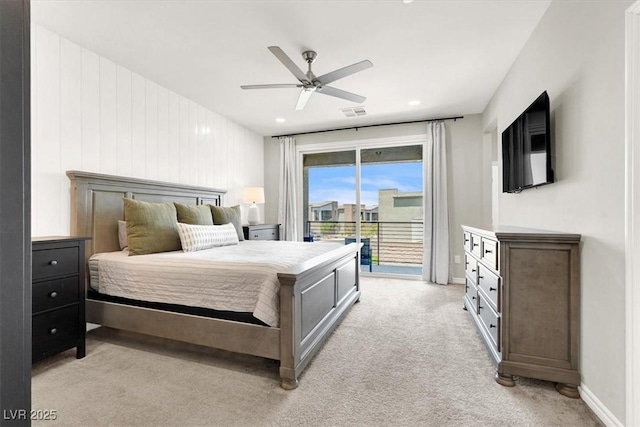 9835 Mojave Mountain St, Las Vegas, NV 89166 - bedroom with access to outside, light colored carpet, ceiling fan, and recessed lighting