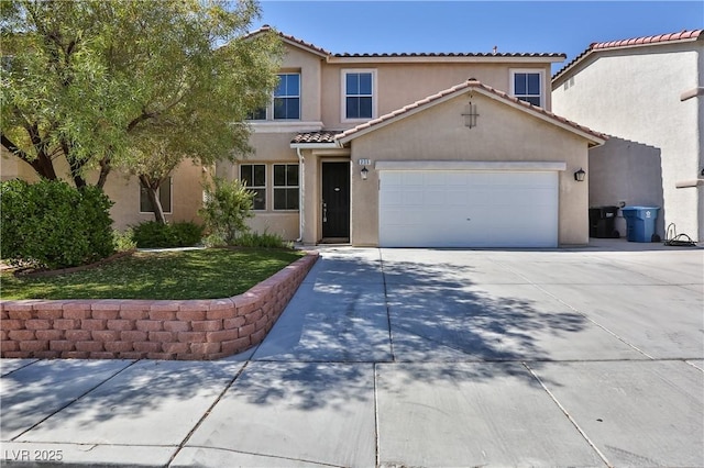 235 Calvino Ave, Las Vegas, NV 89183 - mediterranean / spanish-style house with stucco siding, driveway, a garage, and a tiled roof