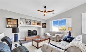 11018 Salernes St, Las Vegas, NV 89141 - living room with vaulted ceiling and a ceiling fan
