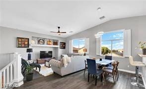 11018 Salernes St, Las Vegas, NV 89141 - dining space with lofted ceiling, wood finished floors, and a ceiling fan