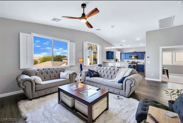 11018 Salernes St, Las Vegas, NV 89141 - living room featuring wood finished floors, a ceiling fan, and lofted ceiling