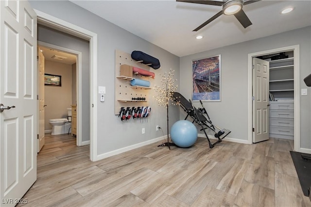 3227 Paintedhills Ave, Las Vegas, NV 89120 - exercise area with a ceiling fan, light wood-type flooring, and recessed lighting
