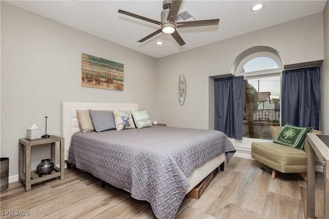 3227 Paintedhills Ave, Las Vegas, NV 89120 - bedroom featuring light wood-style flooring, recessed lighting, access to exterior, and a ceiling fan