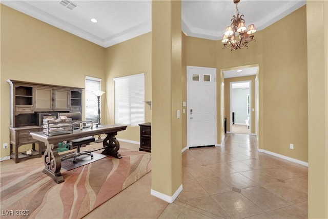 9516 Bluff Ledge Ave, Las Vegas, NV 89149 - office area featuring a towering ceiling, a chandelier, light tile patterned flooring, and recessed lighting