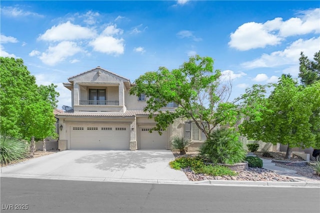 9516 Bluff Ledge Ave, Las Vegas, NV 89149 - view of front facade featuring stucco siding, a garage, a tiled roof, a balcony, and concrete driveway
