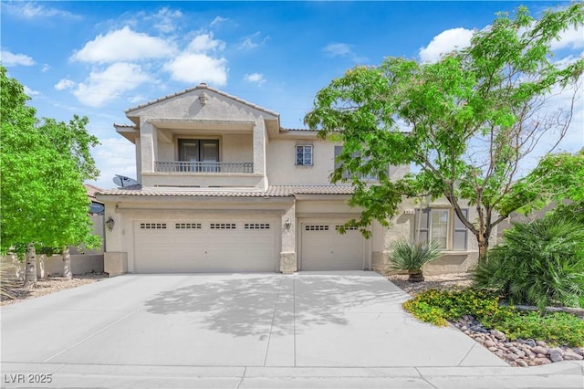 9516 Bluff Ledge Ave, Las Vegas, NV 89149 - mediterranean / spanish-style home with a balcony, stucco siding, a tiled roof, and a garage