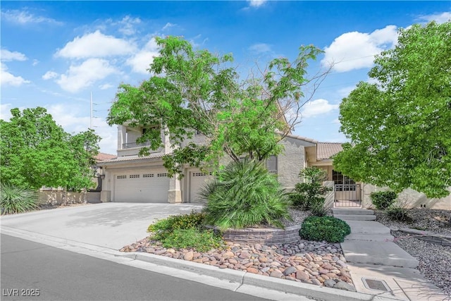 9516 Bluff Ledge Ave, Las Vegas, NV 89149 - obstructed view of property with a tiled roof, a garage, concrete driveway, and stucco siding