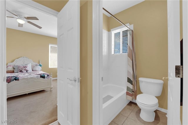 9516 Bluff Ledge Ave, Las Vegas, NV 89149 - ensuite bathroom featuring shower / bath combination with curtain, ceiling fan, and tile patterned floors