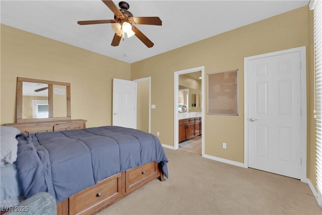 9516 Bluff Ledge Ave, Las Vegas, NV 89149 - bedroom with light carpet, connected bathroom, and a ceiling fan