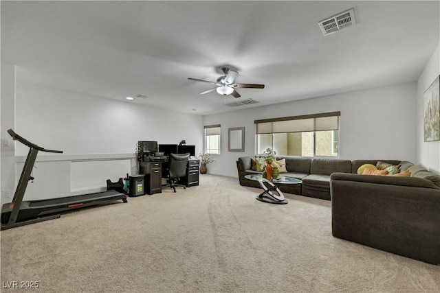 10167 Bishops Peak Ct, Las Vegas, NV 89141 - living room featuring a ceiling fan, carpet floors, and an office area