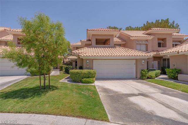 5046 Crooked Stick Way, Las Vegas, NV 89113 - mediterranean / spanish house with a garage, stucco siding, concrete driveway, a front yard, and a tile roof
