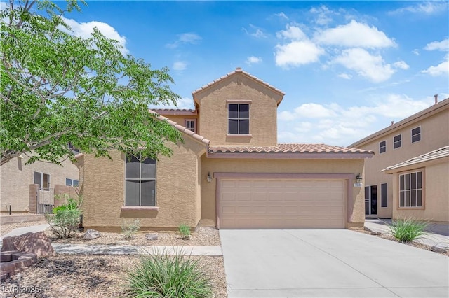 11010 Santorini Dr, Las Vegas, NV 89141 - mediterranean / spanish-style home featuring concrete driveway, a tiled roof, stucco siding, and an attached garage