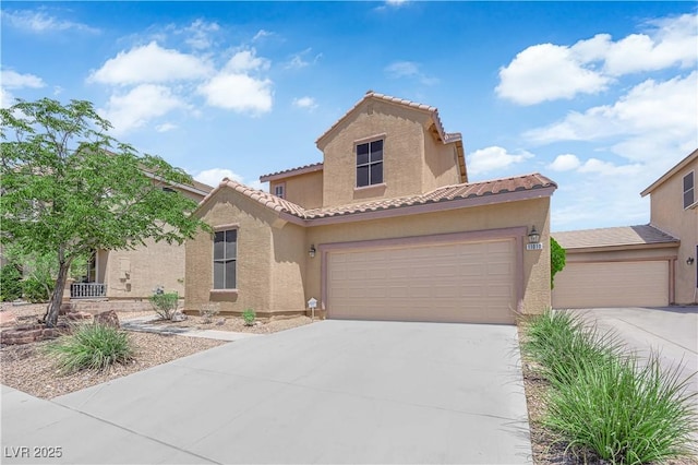 11010 Santorini Dr, Las Vegas, NV 89141 - mediterranean / spanish house featuring driveway, stucco siding, a tile roof, and a garage