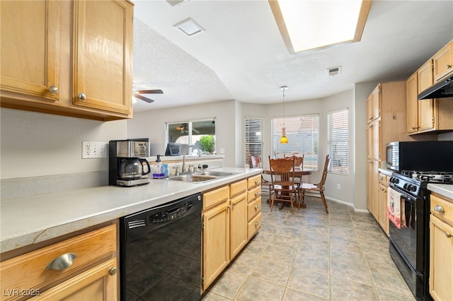 1337 Maplegrove Cir, Las Vegas, NV 89108 - kitchen with black appliances, light brown cabinets, and light countertops