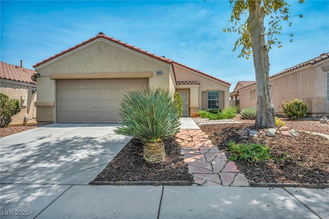 8557 Hidden Pines Ave, Las Vegas, NV 89143 - mediterranean / spanish-style home with stucco siding, a tile roof, driveway, and a garage